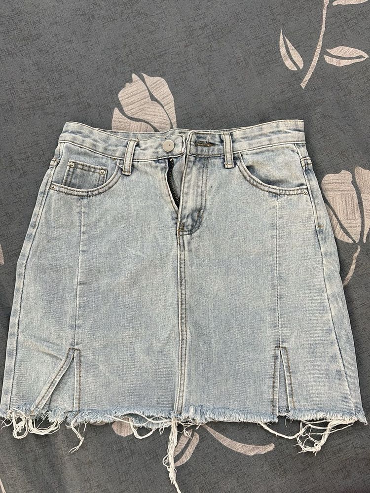 Denim Mini Skirt with Frayed Hem