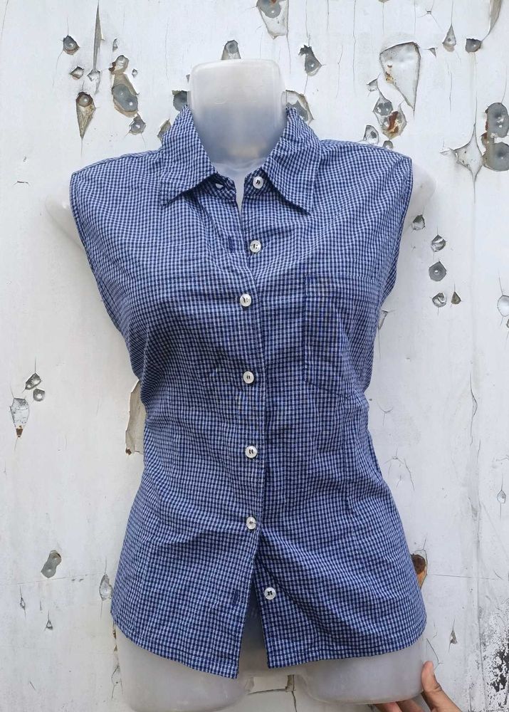 Blue Checkered Sleeveless Blouse