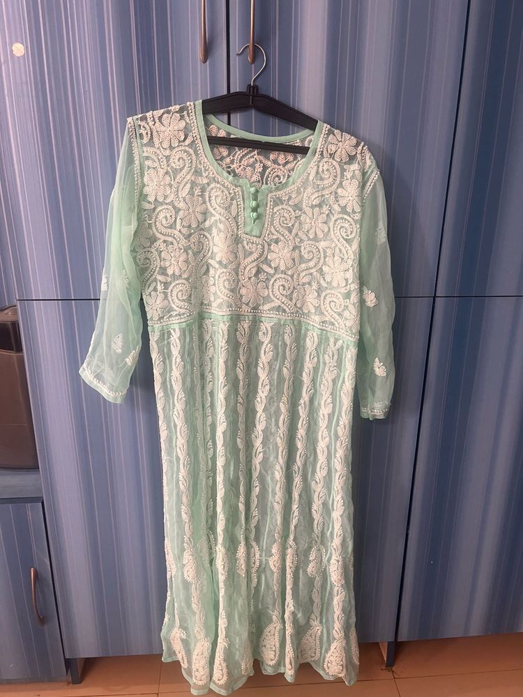Green White Lucknowi Kurta-L
