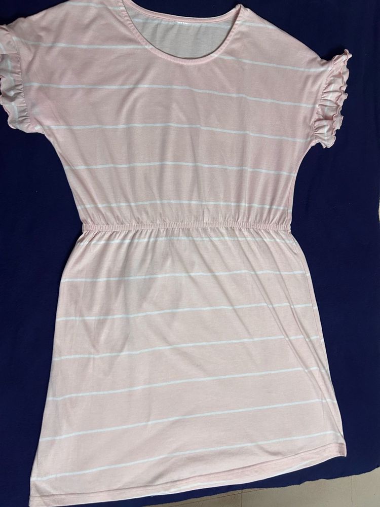 Pink Striped Ruffle Sleeve NightDress