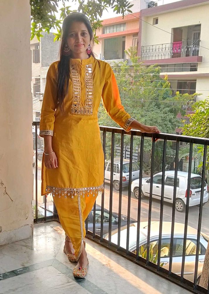 Yellow Mirror-Work Kurti Set