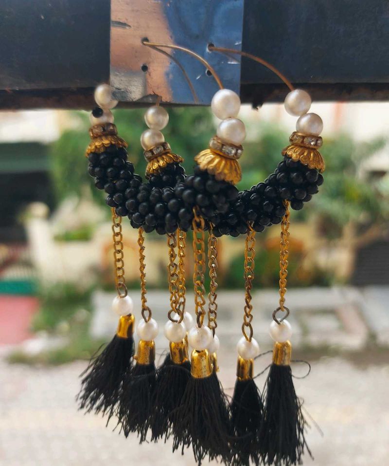 Black Beaded Hoop Earrings