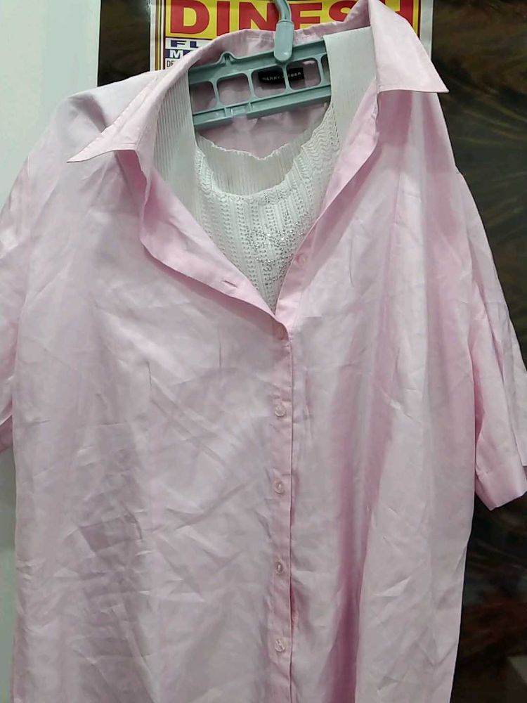 Pink Button-Down Shirt With White Tank Top