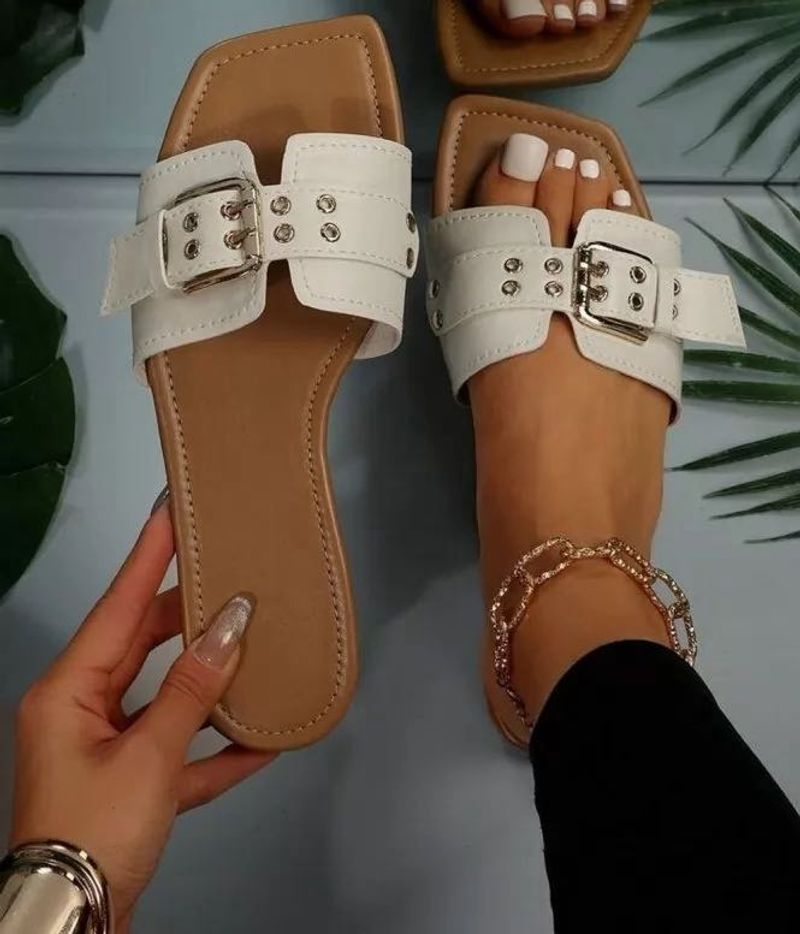 White Buckle Slide Sandals