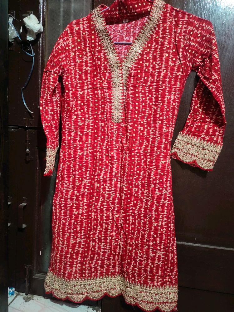 Bandhej Red Kurti Pant Set