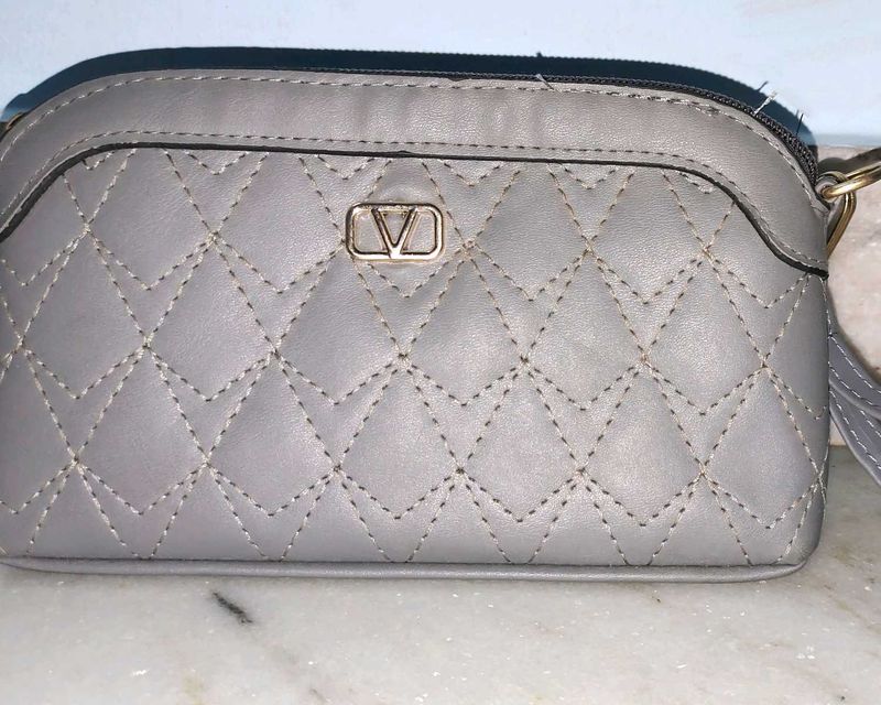 Grey Quilted Clutch with Strap
