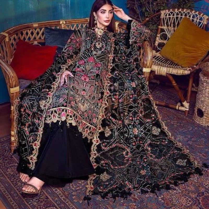 Beautiful Black Floral Semistich Dress Material