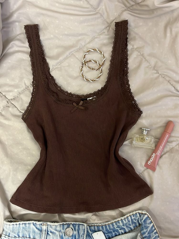 Brown Lace Trim Cami Top