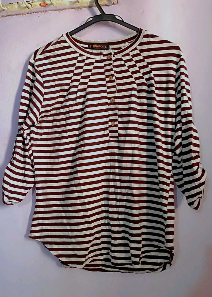 Vintage Brown &amp; White Striped Full Sleeves T-Shirt
