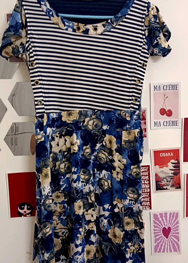 Blue Midi Length Floral Frock