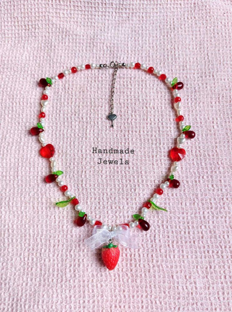 Custom Strawberry Charm Bow Beaded Necklace