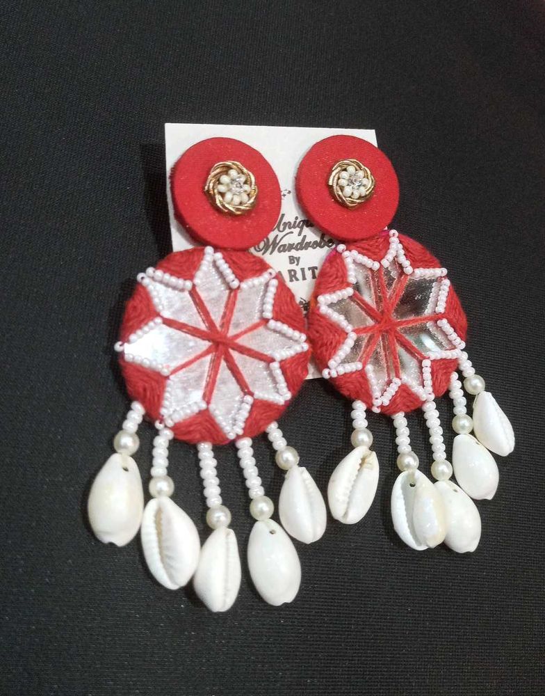 Red mirror work Cowrie Shell  Earrings