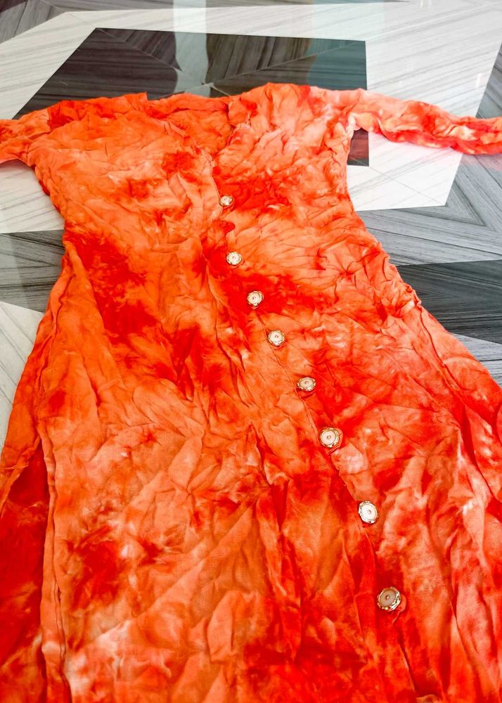 Stylish Orange Tie-Dye Kurti with Buttons