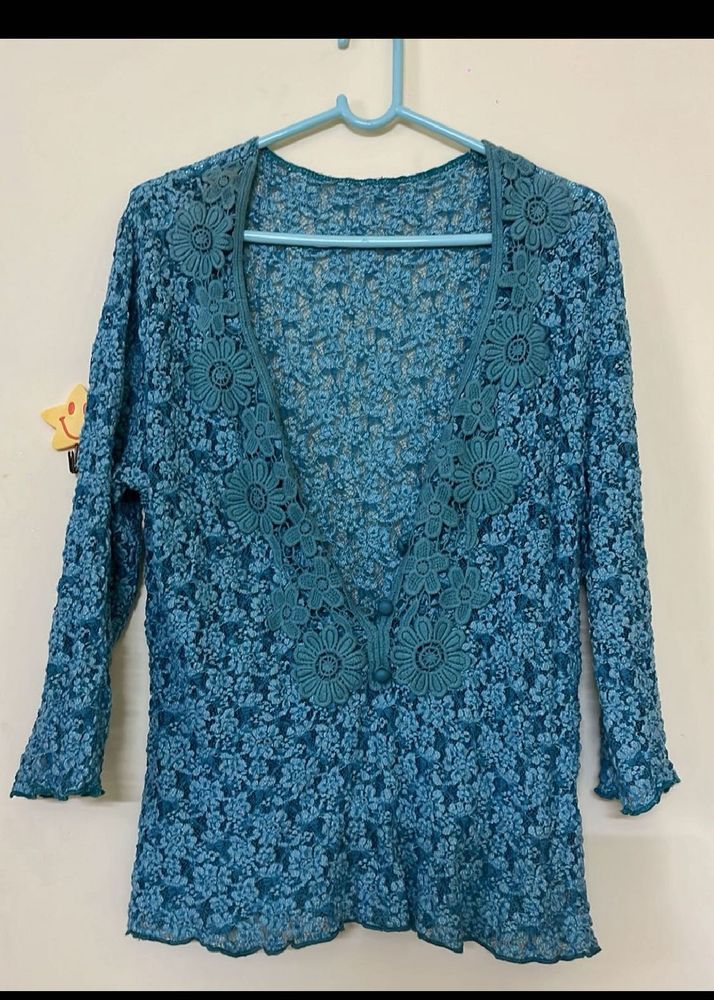 Elegant Teal Floral Lace Cardigan Top