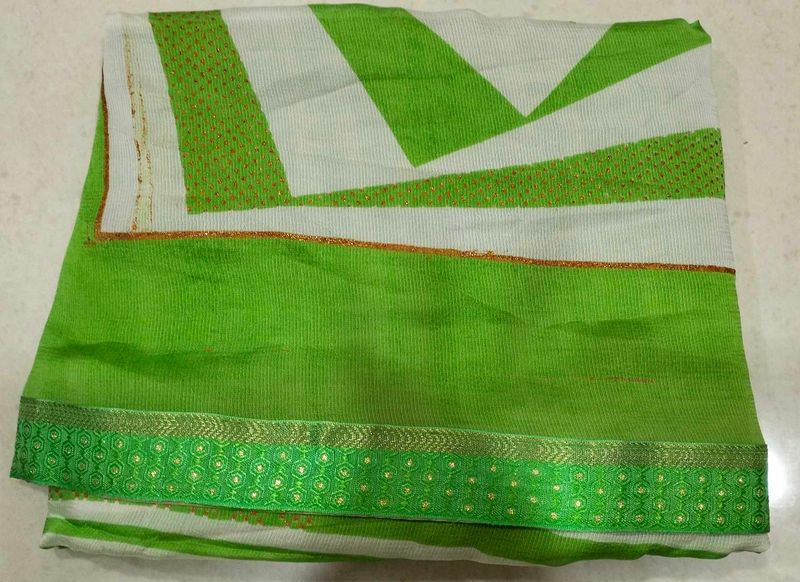 Green &amp; White Striped Saree with Gold Details