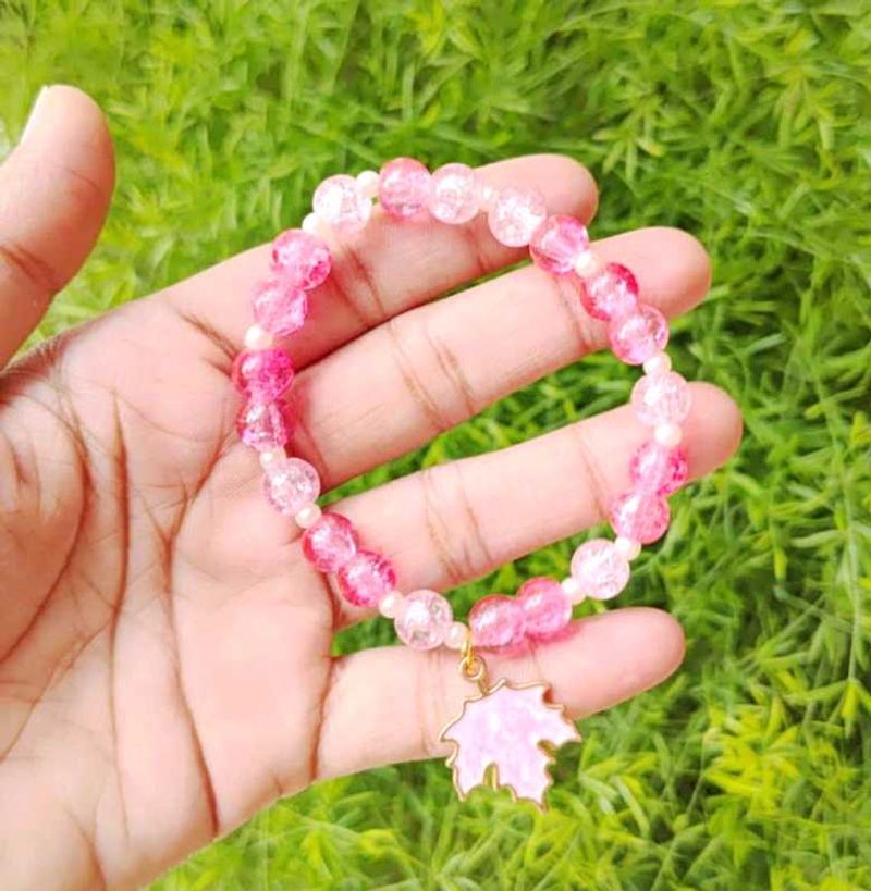 Pink Maple Leaf Beaded Bracelet