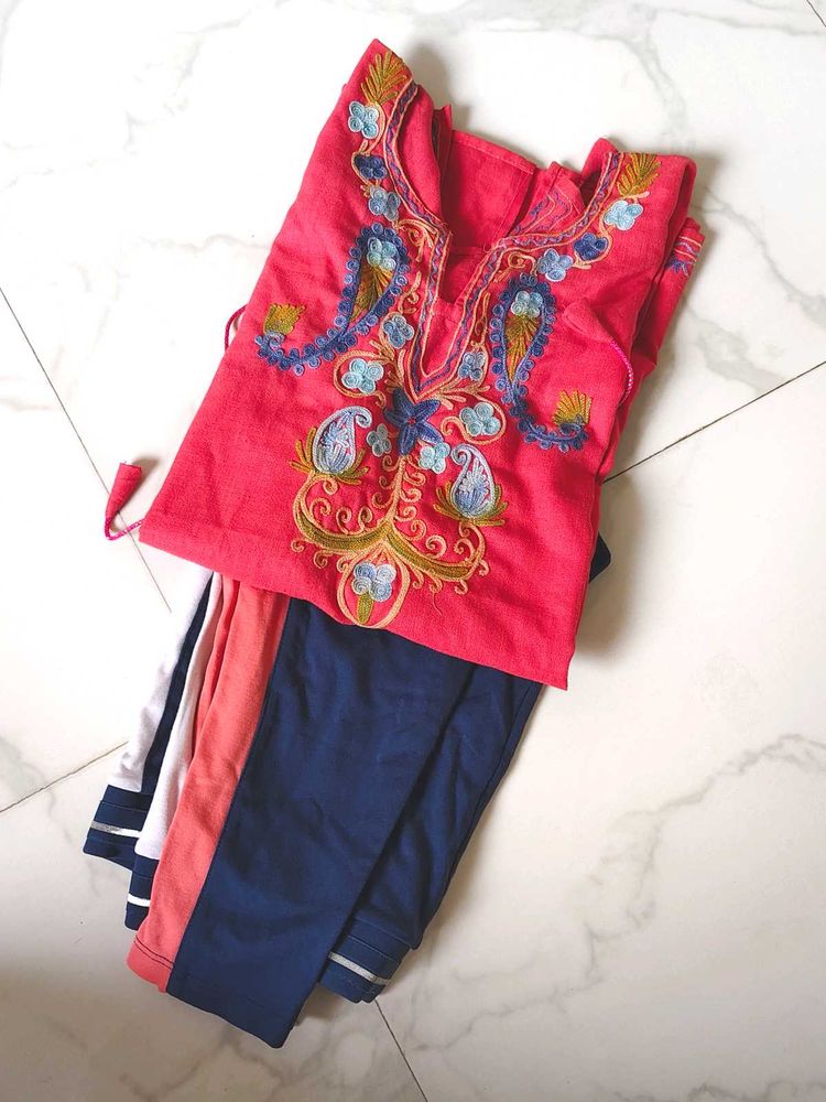 Embroidered Short Kurta &amp;Yoga Tights