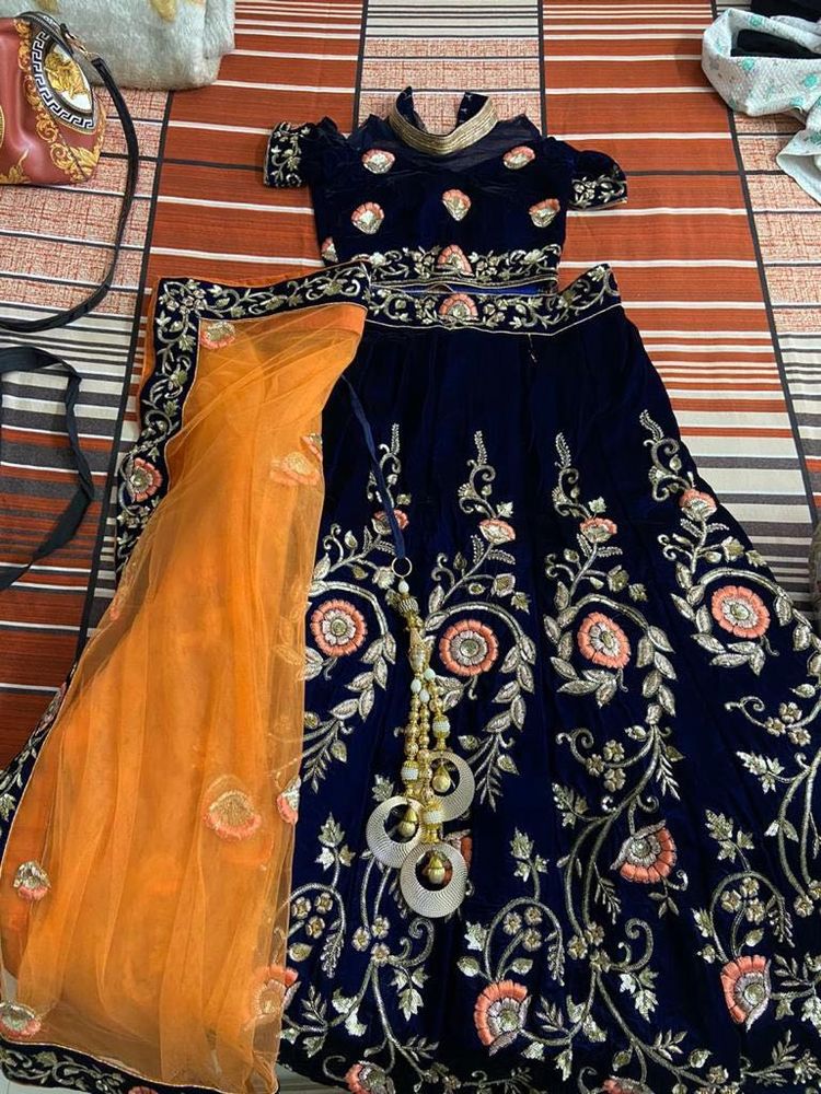 Elegant Blue Velvet Lehenga Choli