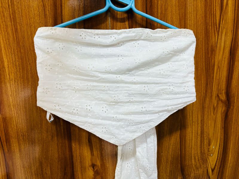 White Eyelet Tie Bandeau Top