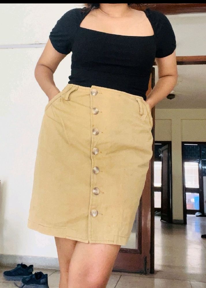 Asymmetrical Button Line Tan Skirt