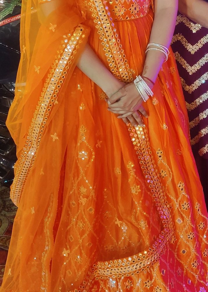 Orange And Silver Work Lengha