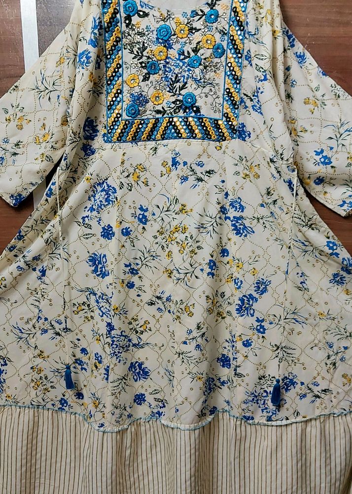 Full Length Flared Kurti Off White Colour With Floral Prints