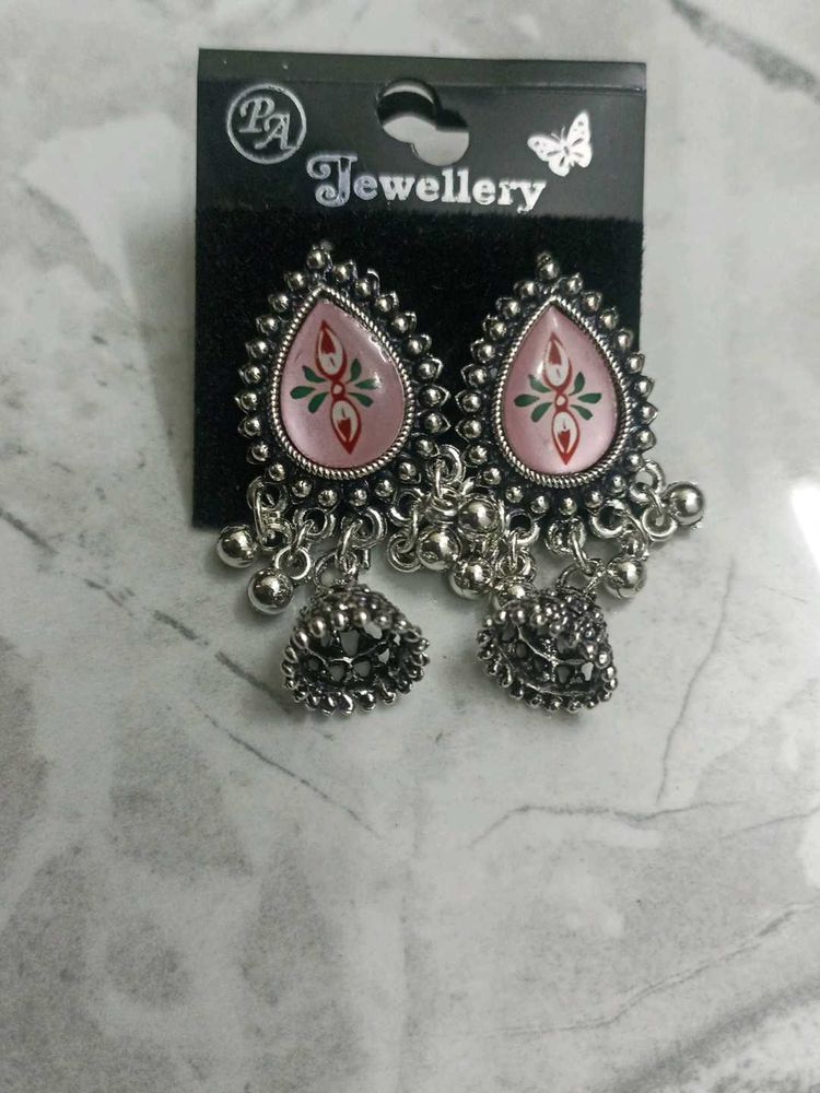 Cute Silver Tone Drop Ethnic Earrings