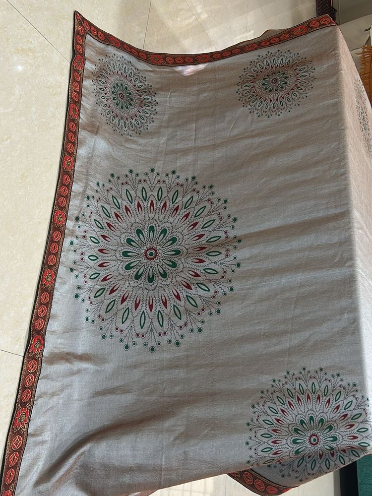 Silver Silk saree With Red Border