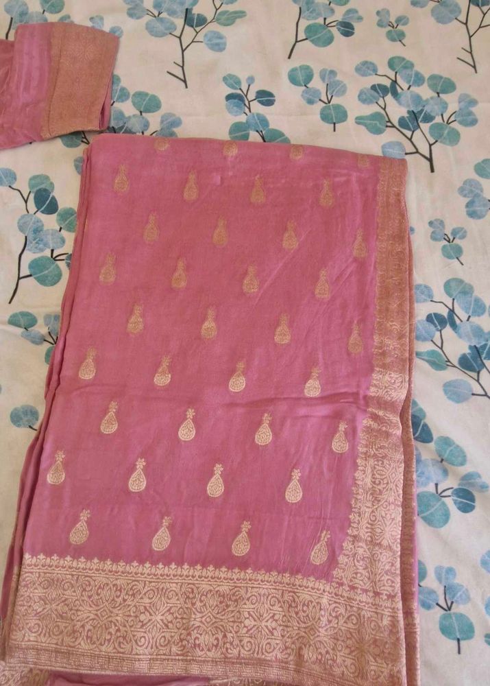 Pink Reshami Saree With Blouse