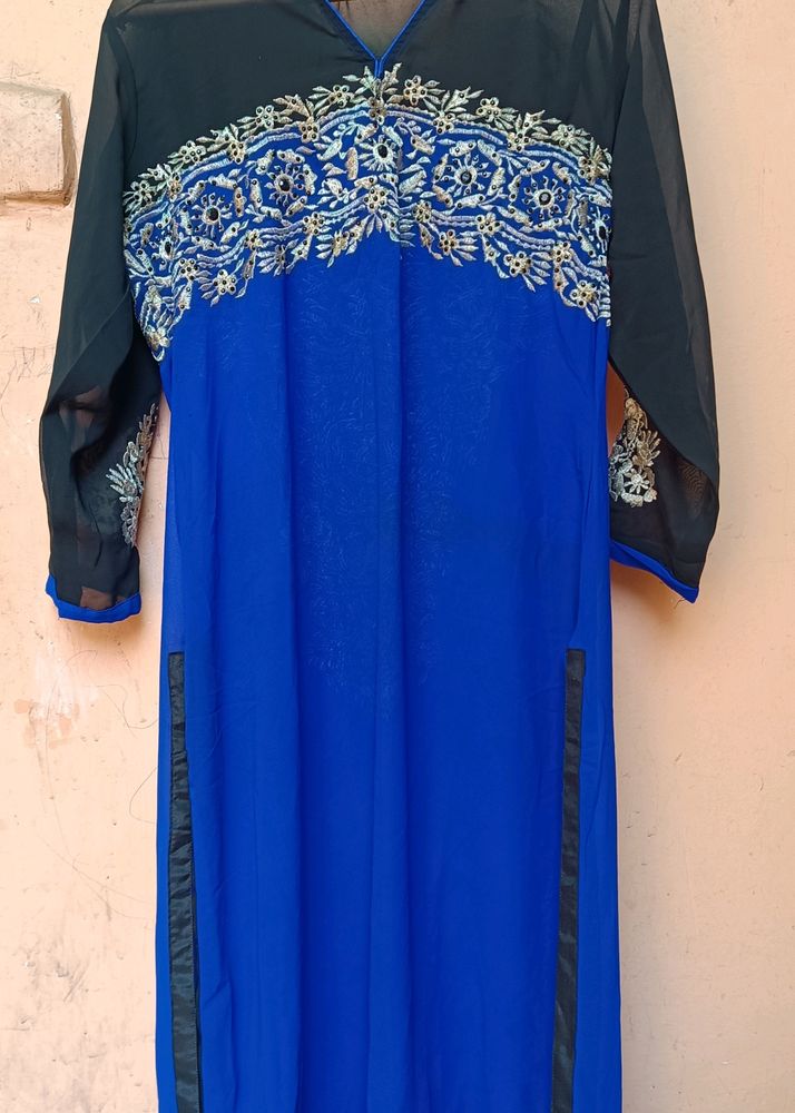 Blue Embroidery Tilla Work A line Kurti
