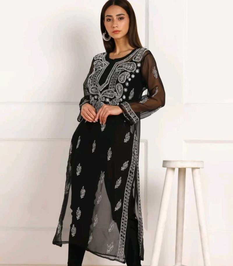 chiffon long chikankaari kurti