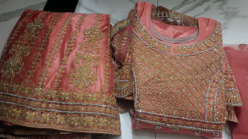 Pink Golden Work Jacket Sharara Set