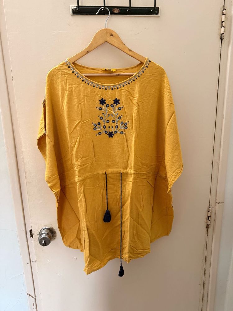Mustard Embroidered kaftan style Tunic Top