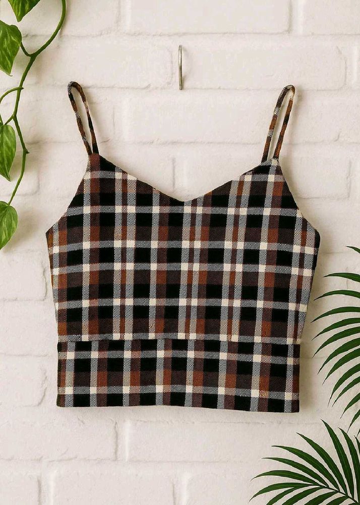 Trendy Brown &amp; Black Checkered Crop Top