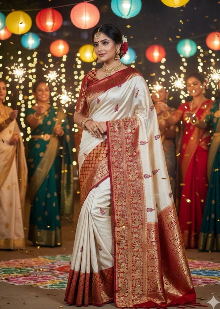 Regal Ivory &amp; Maroon Banarasi Silk Saree