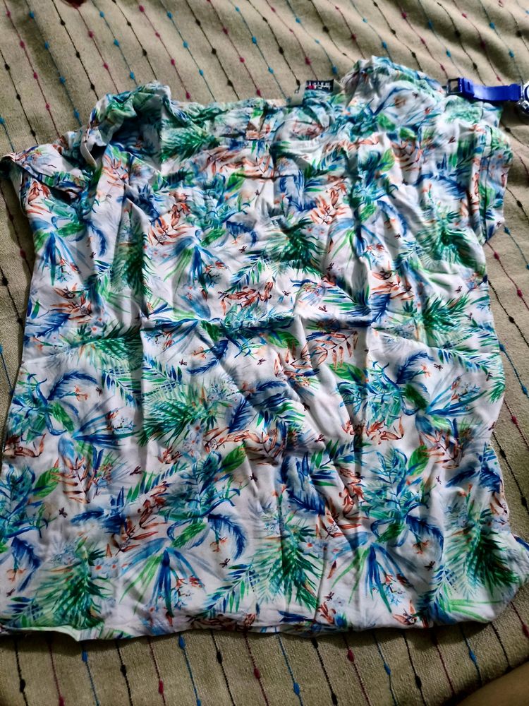 White Printed Cotton Top With Mega Sleeves