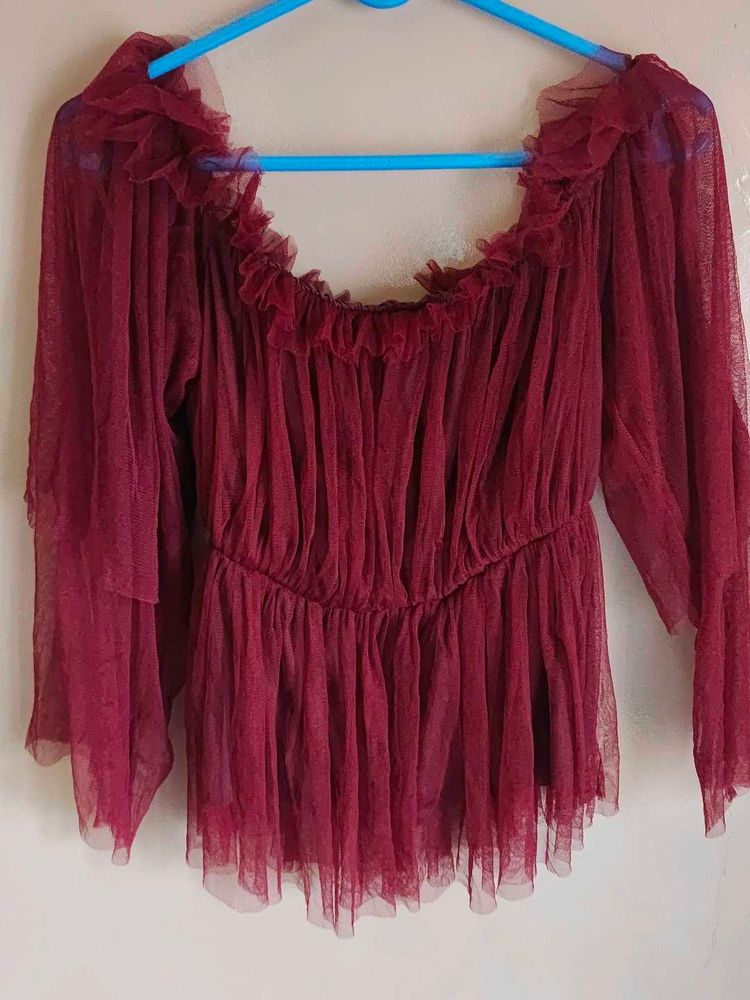 Women Maroon Net Trendy Peplum Top of Size L