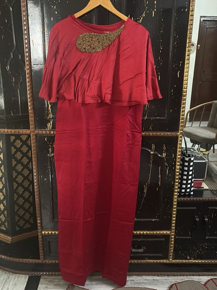 Maroon Maxi Dress With Embroidered Cape