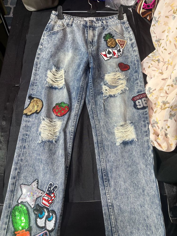 Ripped &amp; Patched Wide Leg Jeans