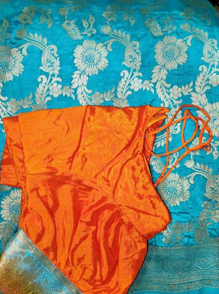 Stunning Orange &amp; Turquoise Blue Banarasi Silk Sar
