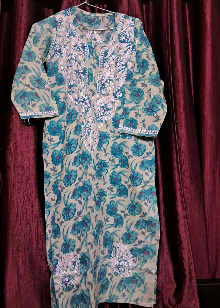 Sea Green Printed Embroidered Kurti