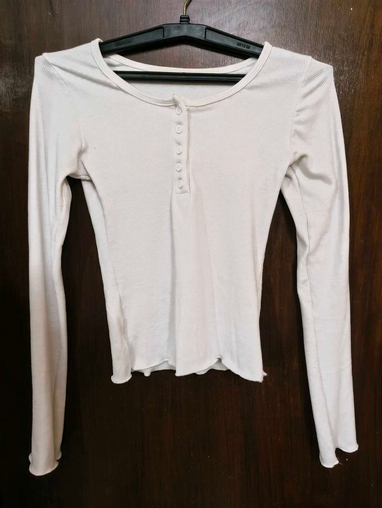 White Ribbed Long Sleeve Top