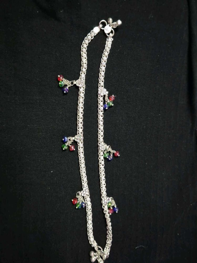 Silver Anklets with Colorful Beads