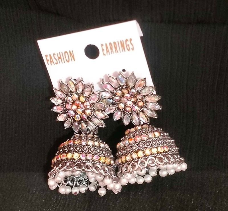 White kundan work Oxidised jhumka