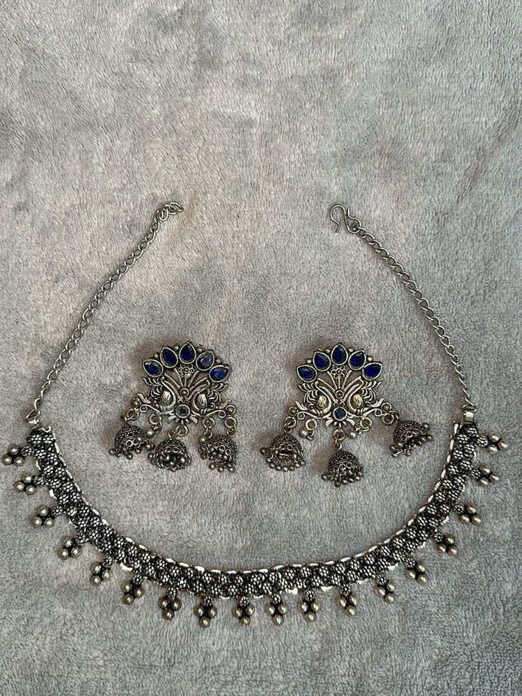 OXIDISED Silver Necklace With Earrings