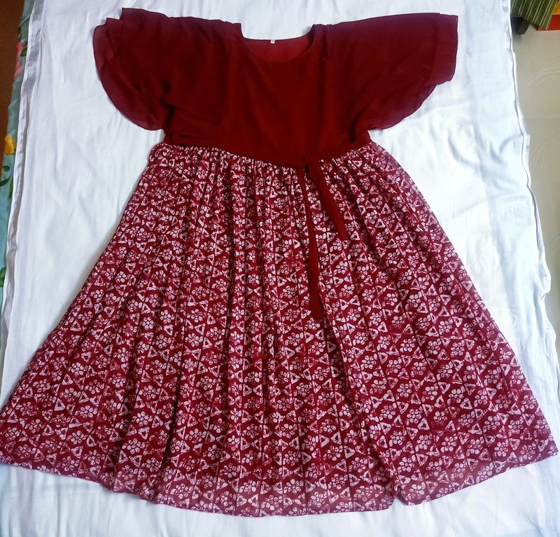AMARA BANDHANI PRINTED MAROON FLARED KURTI