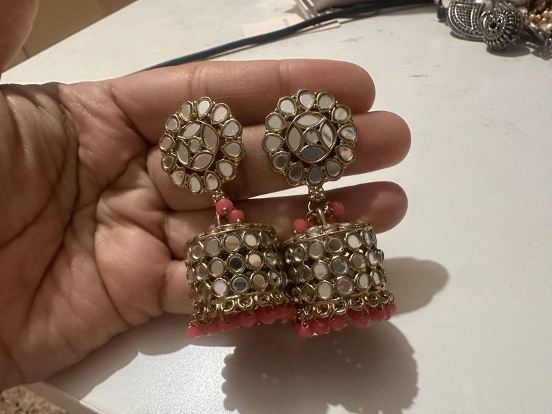 Pink mirror jhumkas