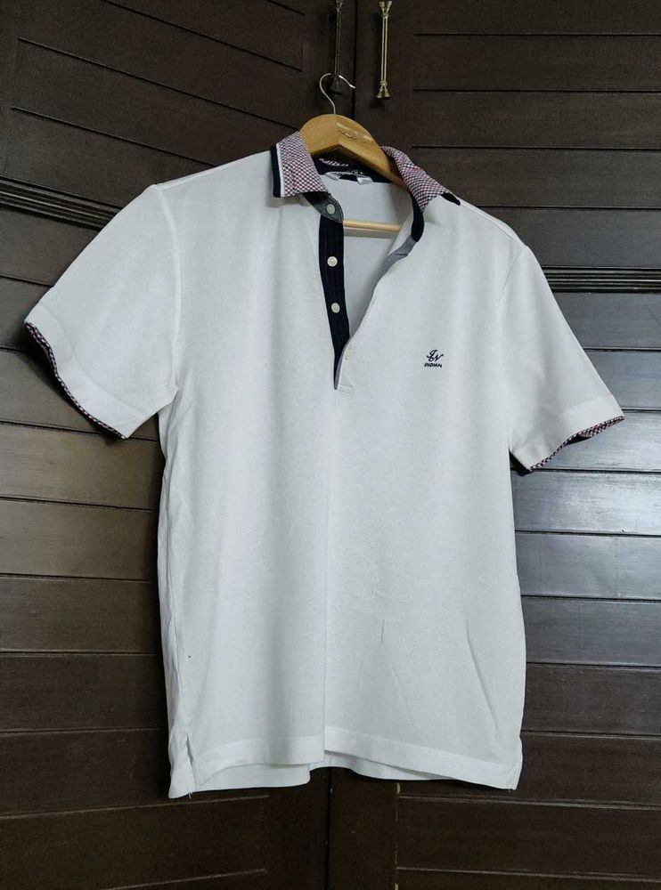 Indian Men White Printed Collat Cotton Polo Tshirt