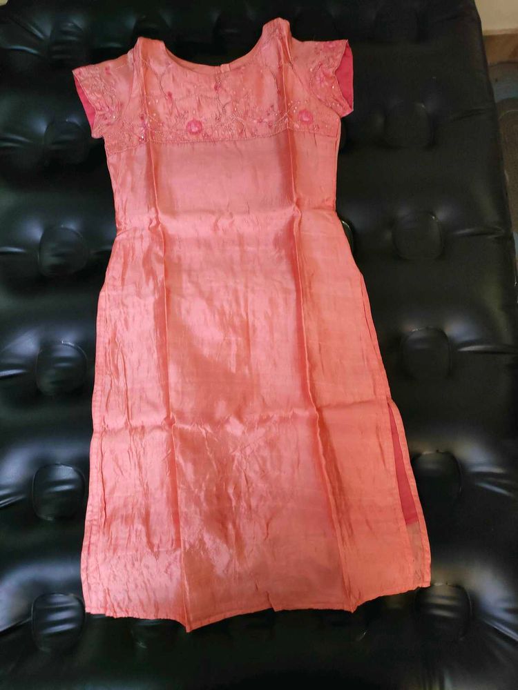 Peach Embroidered Silk Kurti Work On Yoke