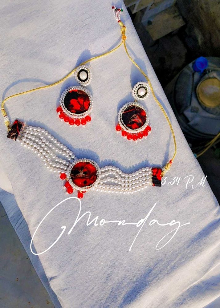 Pearl &amp; Red Stone Jewelry Set
